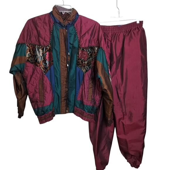 4405)Vtg 80s On Your Mark 2pcs  Multicolor Patchwork Windbreaker Track Suit XL - Picture 1 of 16